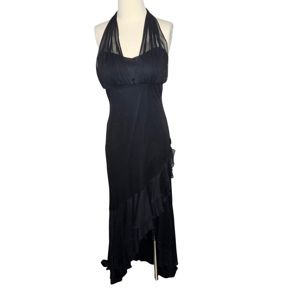 VTG Y2K Black Halter Chiffon Ruffle Dress Whimsigoth Coquette Goth‎ Prom XS S